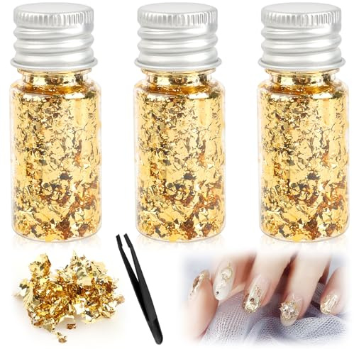 VFANDV Pan de Oro, 3 Copos de Oro Lámina Decorativa con Pinza Hojas de Oro para Manualidades para Decoración de Uñas Funda de Teléfono Móvil y Fabricación de Joyas de Resina (Oro)