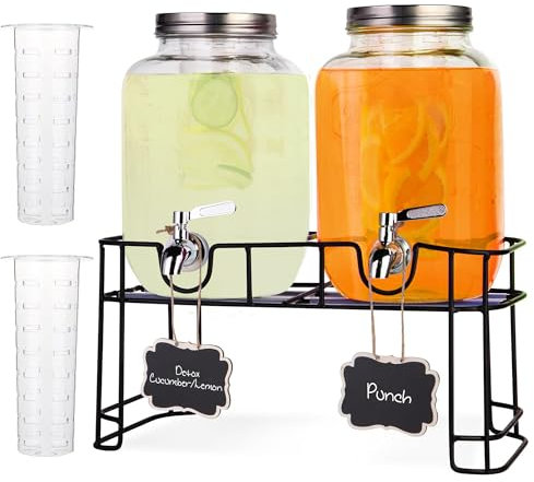 Waudace Double Distributeur de Boisson en Verre 4L - Fontaine avec Support, Robinet et Couvercle en Inox, Filtre - Idéal pour Eau, Cocktails, Punch et Jus lors de Mariages, Soirées et Événements
