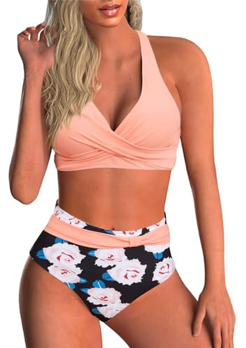Baynetin Conjunto de Bikini Mujer Sexy de Dos Piezas Push Up Acolchado Retro Impreso Halter Backless Bikini Control de Vientre de Cintura Alta Traje de Baño (Rosa, M)