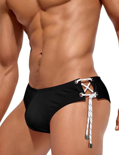 SEAUR Costume da bagno da uomo, slip aderenti e corti, con lacci, ad asciugatura rapida, per sport acquatici, per spiaggia, nuoto, EU S-XL = (Asie M-XXL), Nero , XL