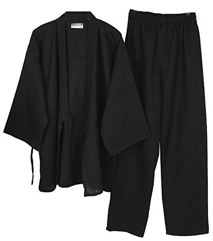 OWLONLINE Japanischer Kimono-Schlafanzug für Herren, Zen-Kleidung, Übergröße (Größe XL, Schwarz)