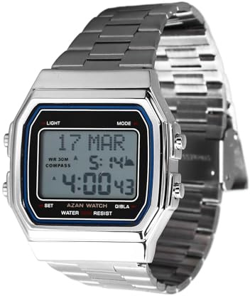 lvifloae Montre numérique Musulmane Levoflox pour Hommes, Bracelet en Acier Inoxydable, boîtier Multifonction, boîtier argenté, Montre de prière et de Rappel pour Hommes