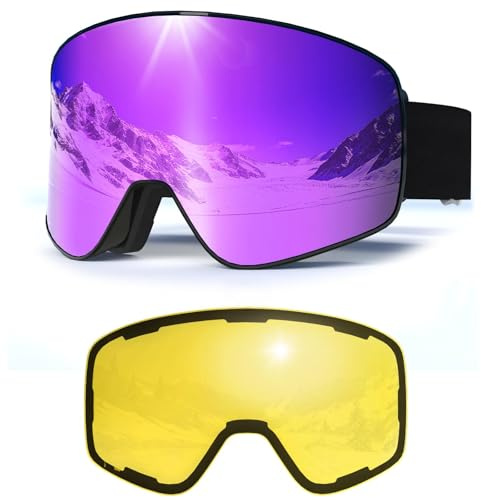Occhiali Da Sci,Anti Nebbia Anti-UV Maschera Sci,OTG Maschera da Sci,Protezione UV400 YH212 Occhiali da Sci Magnetica per Adulto Uomini (Montatura nera-Lenti viola VLT14%+Lenti gialle VLT78%)