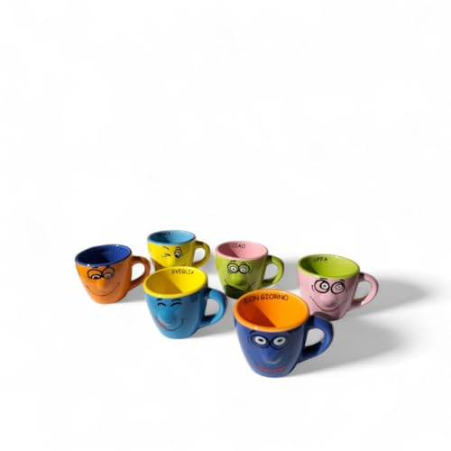 Generico Set di Tazze da Caffè Espresso Colorate, 6 Pezzi, Design Emoticon Divertenti, Ceramica Multicolore, Stile Italiano con Scritte Buongiorno, Ciao, Sveglia, Uffa