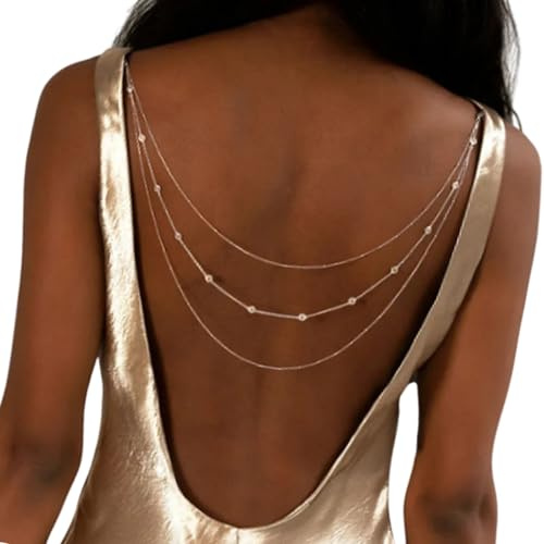 Xjdzineq Cadena de espalda multicapa sin espalda, collar de diamantes de imitación, accesorios de joyería corporal para mujer, cadena de telón de fondo de novia, joyería de espalda de boda