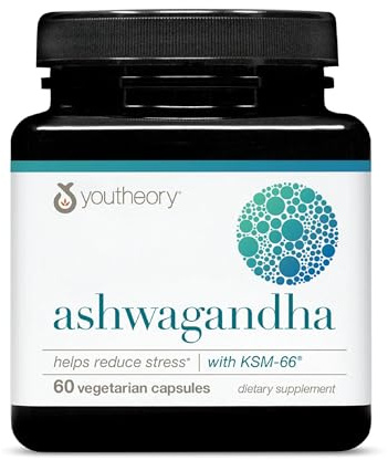 Youtheory Ashwagandha - with Organic KSM-66 Ashwagandha - Herbal Blend to Support Stress Relief & Energy Levels* - Helps Support Mood* - 60 Vegetarian Capsules (30-Day Supply)