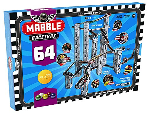 Marble Racetrax 869034 - Murmel Mania Rennbahn Starter Set 64 teilig, Kugelbahn mit 9 Meter Laufstrecke, 5 Murmeln, Murmelbahn Bastelset, Bauset aus FSC Karton, Konstruktionsset für Kinder ab 10 Jahre