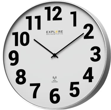Explore Scientific RAC1003 - Reloj de Pared de 25 cm de diámetro, radiocontrolado, Movimiento preciso, no Necesita Ajuste, diseño contemporáneo, con números, Metal, Blanco