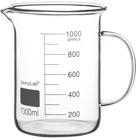 stonylab Bägarglas med Handtag, Graderad Griffin-bägare i Borosilikatglas med Låg Form, Handtag och Pip för Enkel Hällning, 1000 ml