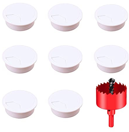 DuDuZui 8 Piezas Pasacables de Escritorio, Ojal de Escritorio de 60mm Ojal de Cable de Escritorio Cubiertas, para Cable de Mesa de Oficina y Hogar, con Sierra Perforadoras (60mm, Blanco)