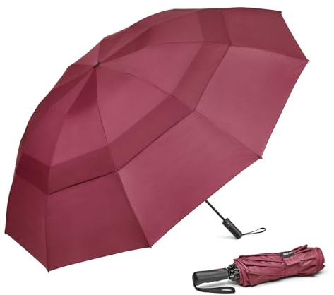 G4Free 152 cm stort golfparaply kompakt omvänt reseparaply 10 spröt vindtätt för regn dubbel baldakin automatisk öppning (vinröd)