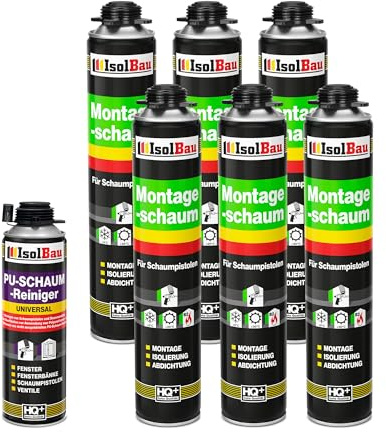 Isolbau Kit de mousse de construction – Comprend 6 x mousse de montage B2 1K avec un excellent son et une isolation thermique (750 ml chacune) et 1 nettoyant pour mousse de polyuréthane (500 ml)