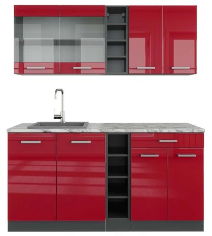 Vicco Singleküche R-Line, Rot Hochglanz/Anthrazit, 160 cm, AP Marmor, zur individuellen Erweiterung mit zusätzlichen Modulen geeignet