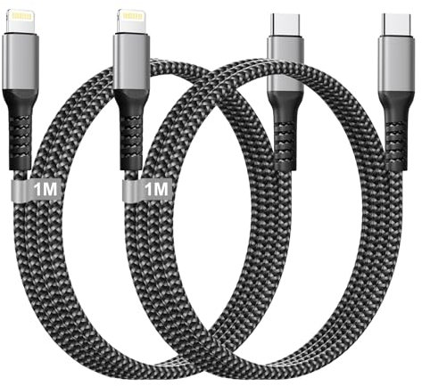 Câble USB C vers Lightning 1M 2Pack[Certifié MFi], Câble iPhone USBC Câble Chargeur iPhone Charge Rapide Nylon Ca-ble Lightning USBC Cordon i-Phone Fil Chargeur pour i-Phone 14 Pro Max 13 12 11 XR SE
