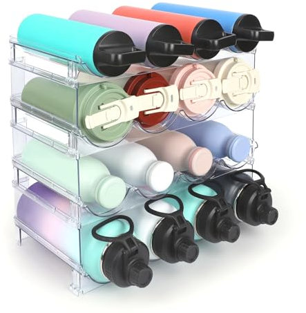 TIDY SAVANT Stackable Water Bottle Organizer, 4-Tier Clear Large Compartment Holder with Stable One-Piece Side-Panel Design, Prevents Tipping & Rolling for Cabinet & Kitchen Storage, Holds 16 Bottles