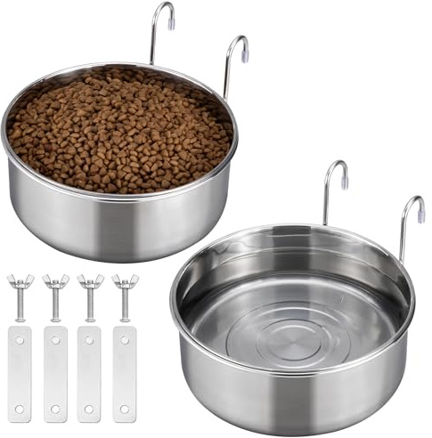 Navaris Cage Hanging Stainless Steel 18cm (7.1) Bowl Set of 2 - Durable & Rust Resistant - Clip On Pet Crate Food & Water Dish - No Spill Metal Dog Bowls - For Puppy Cats and More
