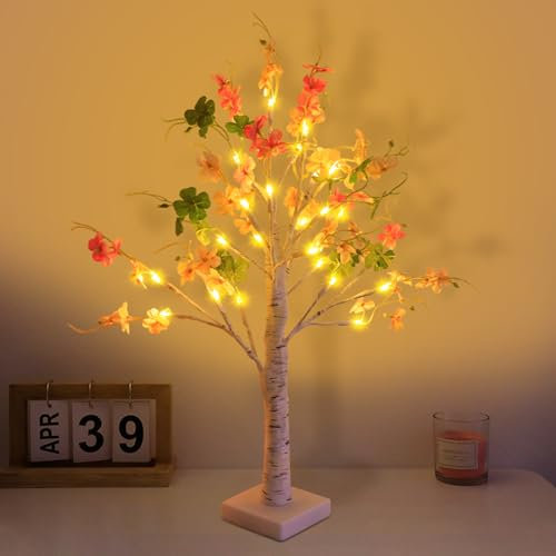 Frühlingsdeko LED Baum Lichter, 60 cm 24 LEDs Lichterbaum mit Timer, Warmweiß Leuchtbaum USB/Batteriebetrieben, Blumen Leuchtbaum mit Verstellbare Äste, für Frühling Deko, Osterdeko (E)
