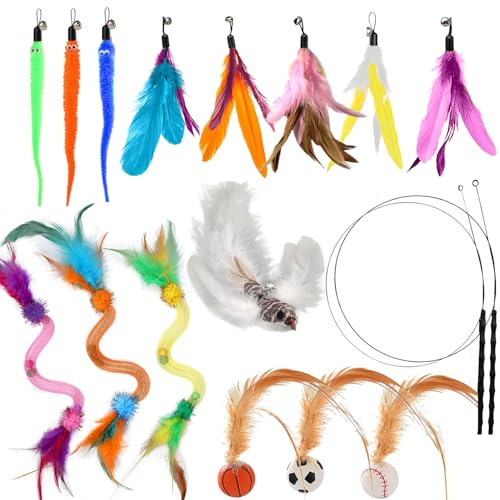 Fantspati Cat Toys Set, 2 Cat Fishing Rods with 1 Bird Bell, 8 Replacement Feathers, 3 Elastic Rope Cat Toy, 3 Bouncy Balls with Feathers, and an Interactive Cat Toy Set