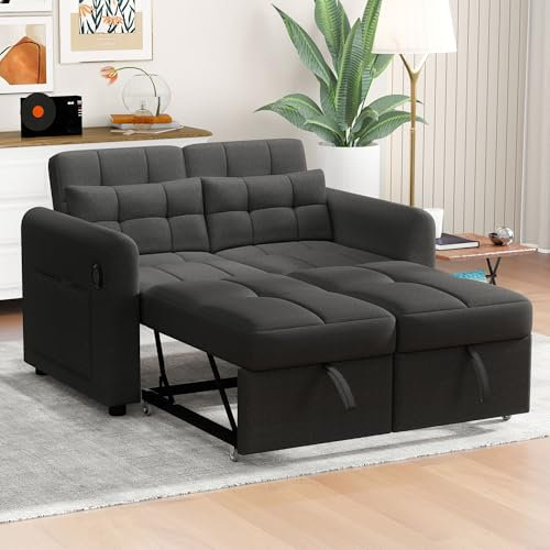 Merax Schlafsofa 2-Sitzer Sofa mit Schlaffunktion, Klappbares 3-in-1 Schlafcouch mit Verstellbarer Rückenlehne, USB-Anschlüssen und Armlehnentaschen, Grau 142 x 85 x 83 cm