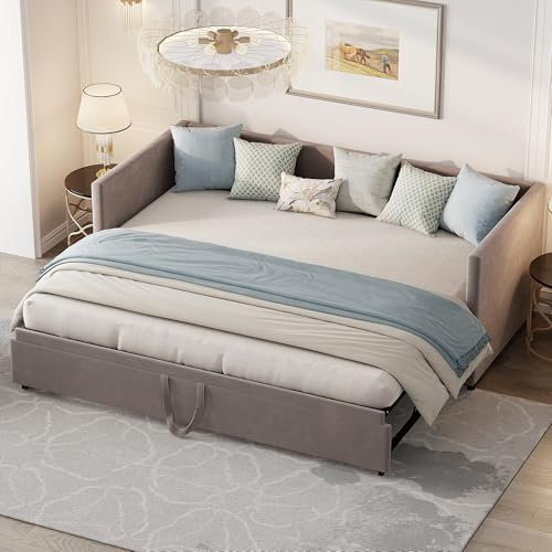 Schlafsofa, ausklappbar, 2-Sitzer, 90/180 x 200 cm, Bettrahmen, 2-Sitzer, ausklappbar, mit Lattenrost, ausziehbar, Samt (ohne Matratze) (Grau)