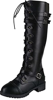 Womens Lace Up Boots Waterproof Comfortable Chunky Block Heel Ladies Shoes Knee-High Casual Faux Leather Classic Side Zipper Biker Combat Military Boots Outdoor