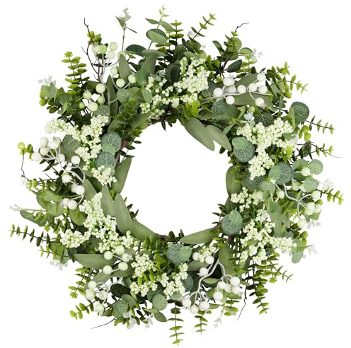Vlorart 20 Inch Artificial Spring Summer Christmas Greenery Wreaths for Front Door Green Eucalyptus Leaf Wreath Decor Boxwood with Big Berries for Farmhouse Outside Year Round