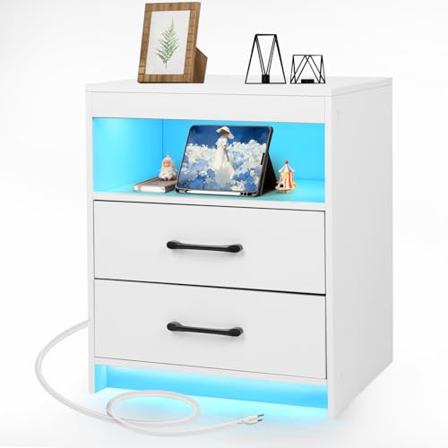 ansefe Night Stand with Charging Station and Ambient Light, LED Nightstand with USB-C Ports and Outlets, Morden Bedside Table with 2 Drawers and Open Compartment, End Table for Bedroom, White