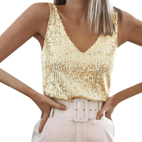 Débardeurs Femme Paillettes, Caraco Femme Col V Chemise Lâche Tendance Top sans Manche pour Fête d'anniversaire Mariée Soirées Haut Chic Et Élégant Club Été Camisole Cocktail Discothèque Tank