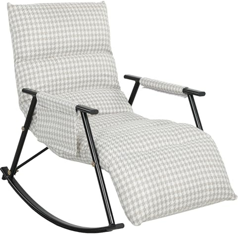 HOMCOM Silla Mecedora con Respaldo y Reposapiés Ajustables, Mecedora Sillón Balancín 105°, Tapizada en Lino, con Bolsillo Lateral y Marco de Metal, Carga 120 kg, para Dormitorio, Salón, Gris y Blanco