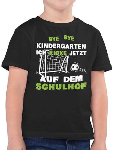 Kinder T-Shirt Jungen - Einschulung Junge - Bye Bye Kindergarten Ich kicke jetzt auf dem Schulhof Geschenk Schulkind Fußball I - 116 (5/6 Jahre) - Schwarz - Kita Tshirt einschulungsshirt