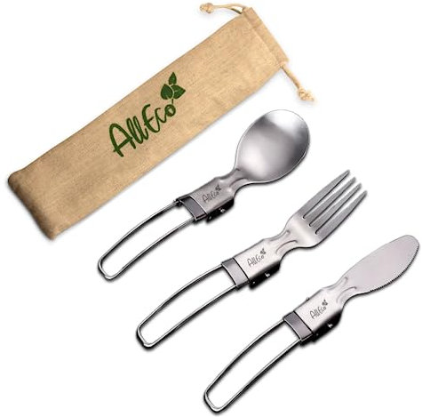 AllEco® Campingbesteck Set – Multifunktionales, leichtes, klappbares und umweltfreundliches Besteck mit Edelstahl Messer, Gabel & Löffel - Tragbares Outdoor-Besteck Set für Camping, Reisen & Picknick