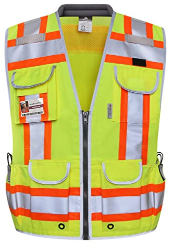 Dib Safety Reflective Vest Heavy Duty, High Visibility Two Tone Engineer Vest, Padded Collar, Retractable ID Pocket, Made with 3M Reflective Tape, Yellow L