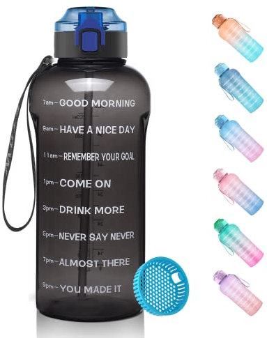 WEMEET Trinkflasche mit Fruchtfilter 2 Liter, [BPA Frei Tritan] Wasserflasche mit Zeitmarkierung, 2000ml Sportflasche mit Flip Top Deckel Auslaufsicher SCHWARZ
