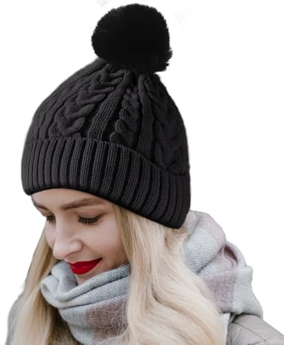 CALIYO Mütze Damen Winter Herbst, Beanie Damen aus Verdicktem Samt, Damen Mütze mit Bommel, Warme Outdoor Wintermütze Damen, Locker Strickmützen für Damen, Mütze für Schule, Arbeit, Skifahren usw.
