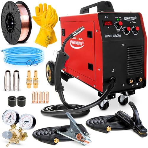 Weldman Micro MIG 200 - 200A Máquina de Soldar MIG MAG, Gas Protector - Soldadura: MIG/MAG, MMA, Flux Soldar - Soldador Inverter con Chasis - Tecnología IGBT - Set Basic