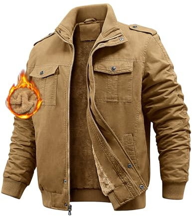 Niwicee Giacca Invernale da Uomo Jacket di Transizione Calda con Interno in Pile Giacca Casual Cerniera Cappotto in Cotone con Tasche Fleece Multiple Giubbotto Giacca da Volo Elegante (Cachi,L)