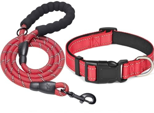 KOMUNJ Set collare e guinzaglio riflettente per cani, collare regolabile, guinzaglio in nylon resistente per cani di taglia media e grande (Rosso, S)