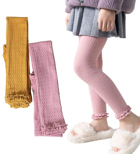 Silkglory Knit Lace Cropped Leggings 2Packs Girls Tights Seamless Leggings with Delicate Double-Layered Lace Trim, Stretchy and Comfortable Tights for Girls 4-5 Years Pink/Yellow