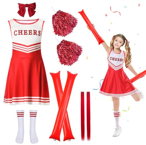 WELLXUNK Disfraz Animadora Niña, Disfraz Cheerleader Niña, Traje Animadora Niña con Pompones, Calcetines, Palos de Animación Inflables y Tocado para Carnaval Cosplay Competición Deportiva y Fiestas