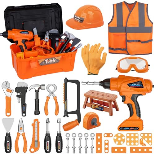 Magic4U Kids Tool Set,49PCS Toddler Tool Box with Electronic Toy Drill,Tape Measure,12 Tool Equipment,Pretend Play Construction Costume with Safety Vest Hat,toy tool set for Kids Age 3-8