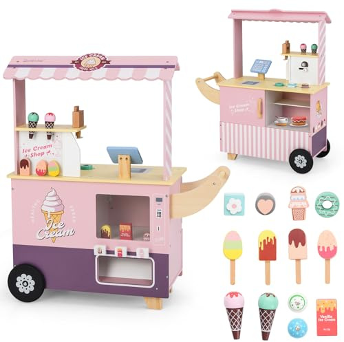 COSTWAY Gelateria Giocattolo per Bambini con Gelatiera, Carrelo dei Gelati in Legno con Ruote e Maniglia, Negozio di Gelati Giocattolo con Cassa e 15 Accessori, per Bambini di 3 + Anni (Rosa)