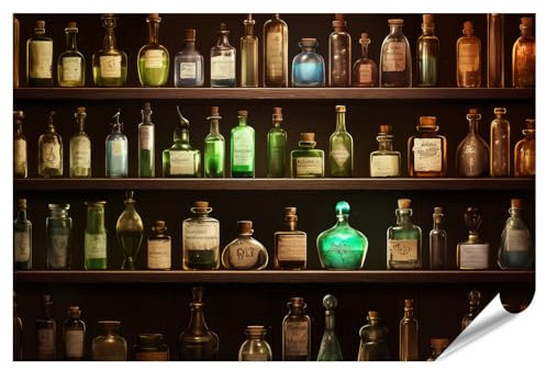 islandburner Poster XXL - Bouteilles de pharmacie anciennes sur étagères en bois pour salon - Pour les amateurs d'antiquités vintage - Impression photo de qualité supérieure