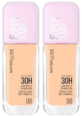Maybelline New York Fondotinta Coprente Liquido Lunga Tenuta Superstay Lumi Matte 30H Coprenza Modulabile Waterproof No Transfer Copertura Medio-Alta Colore 98 con Amminoacidi - 2 Flaconi da 30ml