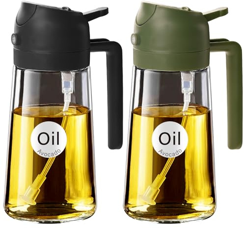 YARRAMATE 16oz/470ml Oil Sprayer for Cooking with Stickers, Food-grade Premium 2 in 1 Olive Oil Dispenser Bottle for Kitchen Gadgets, Salad, Frying, BBQ (Black & OliveGreen)