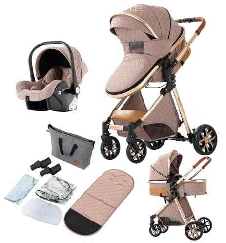 Kinderwagen 3 in 1,umkehrbarer großer Buggy und KombiKinderwagen,faltbarer,Zubehör reichhaltig(Khaki)
