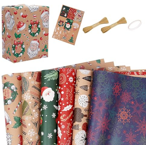 GmeDhc Presentpapper julset, 6 stycken presentpapper jul, 50 x 70 cm wrapping paper jul med 2 rullar bomullsrep, vintage, kraftpapper