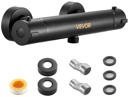 VEVOR Miscelatore Doccia Termostatico Rubinetto Doccia con Blocco di Sicurezza a 38°C, Controllo della Temperatura con Acqua Calda e Fredda per Camper, Hotel, con Rivestimento Elettroforetico Nero