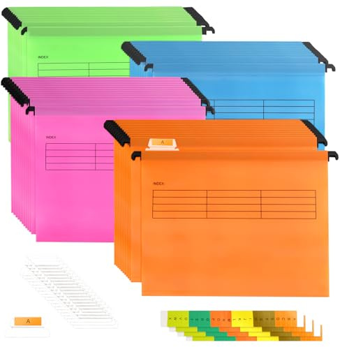 MAKTSAM 48 cartelle sospese A4 con linguette e inserti per schede, cartelle sospese per schedario, cartelle sospese in polipropilene per ufficio e organizzazione domestica (colori misti)
