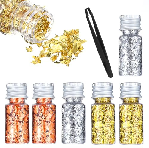 Aysatogc Hojas de oro comestibles con pinzas, hojas de oro para decoración de tartas, comestibles, láminas doradas, para arte de uñas, manualidades, pintura, arte de resina, dorado, 6 botellas