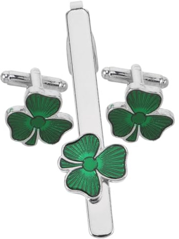 PACKOVE Men’S Shamrock Cufflinks and Tie Clip Set for Business and Wedding, Metal Shirt Accessories with Dual Ends Pair Design, Fashionable Tie Pin and Cuff Link Jewelry